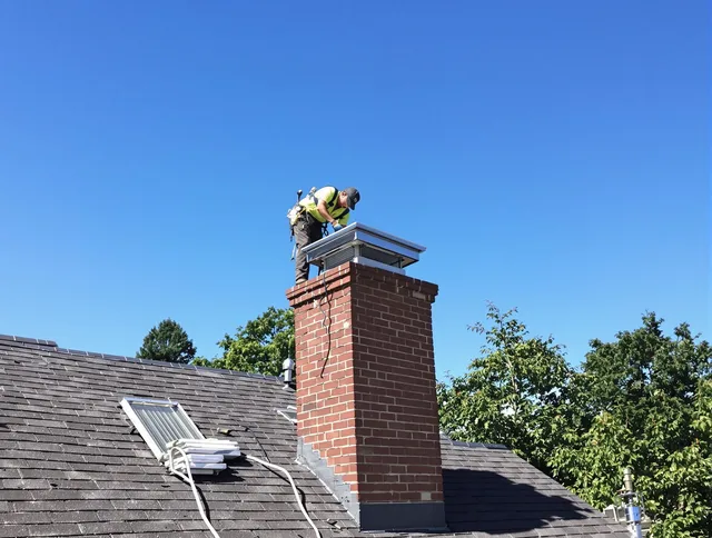 Charlotte Chimney Sweep technician measuring a chimney cap in Charlotte, NC